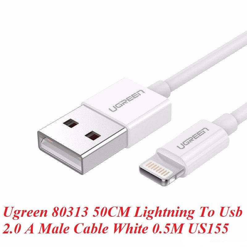 Ugreen 80313 50CM màu trắng cáp Lightning ra Usb 0.5M mạ nickel chống nhiễu có chíp MFI chính hãng US155