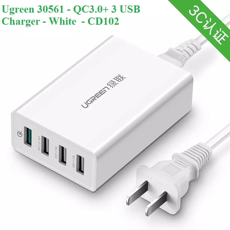 Ugreen 30561 1.5M Màu Trắng Củ sạc 3.0 Quick Charge 4 cổng usb CD102