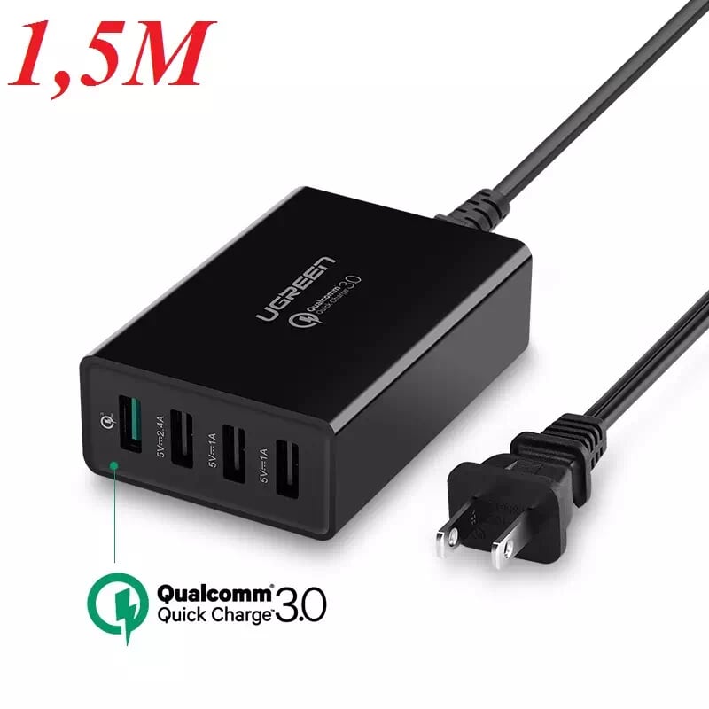 Ugreen 30598 1.5 Màu Đen Sạc nhanh chuẩn 3.0 Quick Charge 4 cổng usb qc3.0 CD102