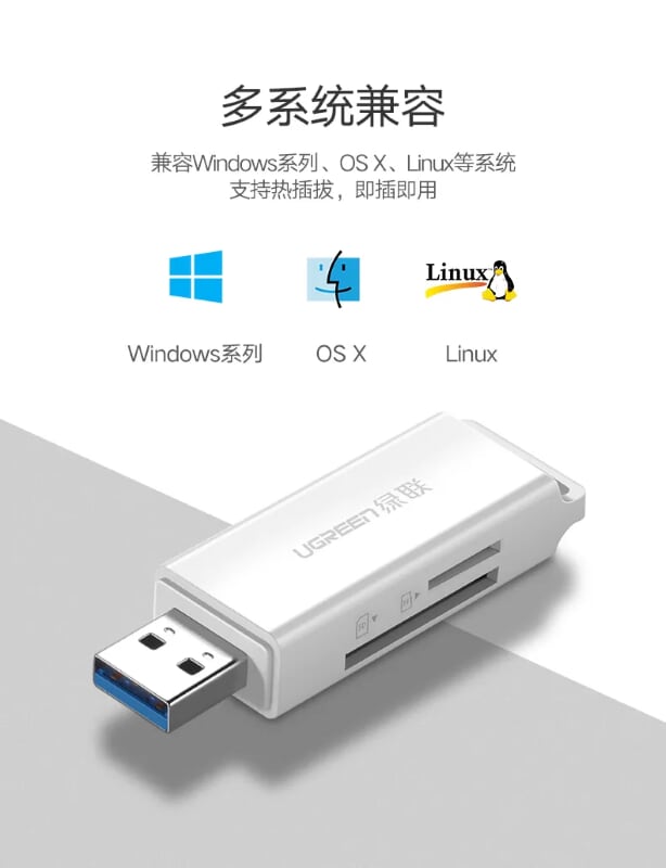 Ugreen 40753 Màu Trắng Đầu đọc thẻ nhớ USB 3.0 sang SD TF cao cấp CM104