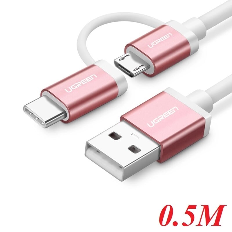 Ugreen 30542 0.5M màu Hồng Cáp USB-A sang Micro USB + USB-C cao cấp US177