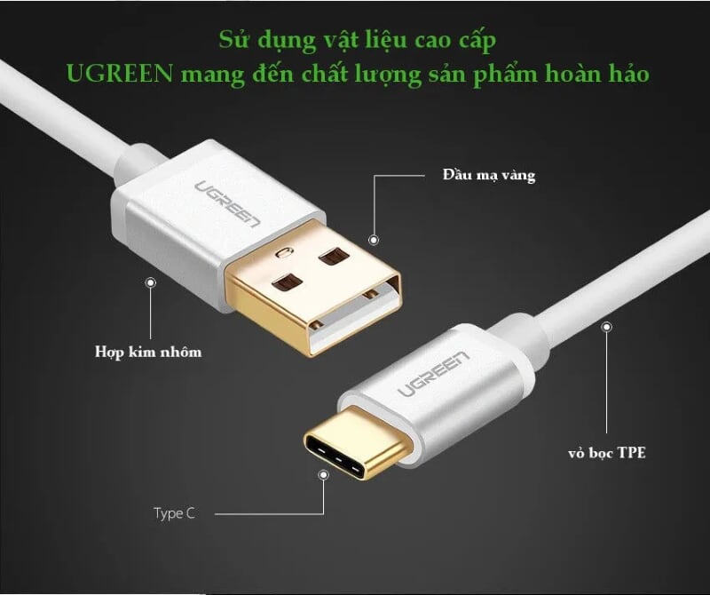 Ugreen 30505 2M màu trắng Bộ chuyển đổi USB 2.0 sang USB-C US174