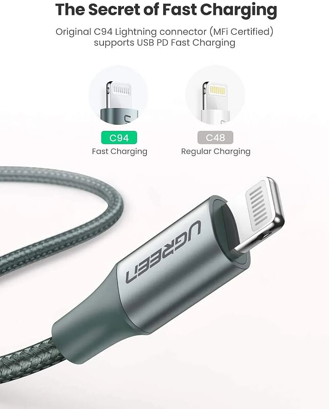 Ugreen 80564 1M màu xanh đen cáp chuyển usb type c ra apple lightning dây dù hỗ trợ sạc nhanh PD US304