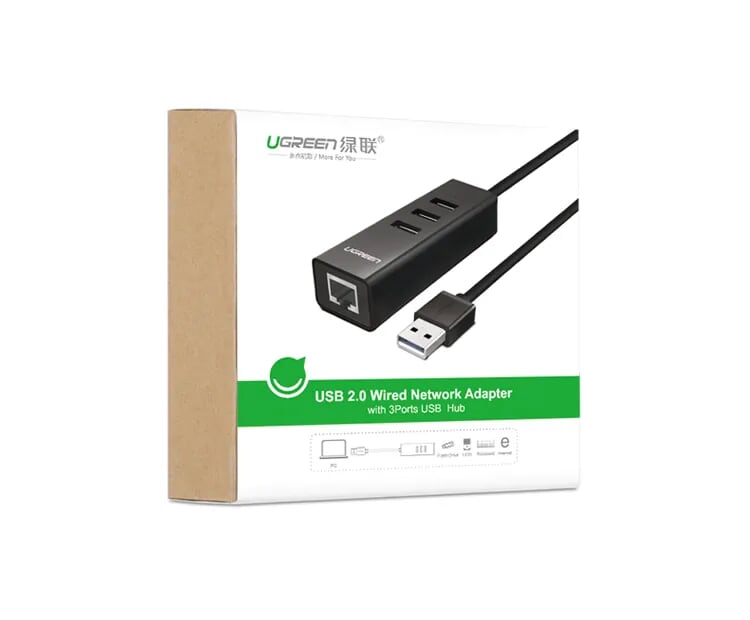 Ugreen 30301 30CM màu Đen HUB chuyển đổi USB 2.0 sang 3 USB 2.0 + LAN hổ trợ 100Mbps CR129