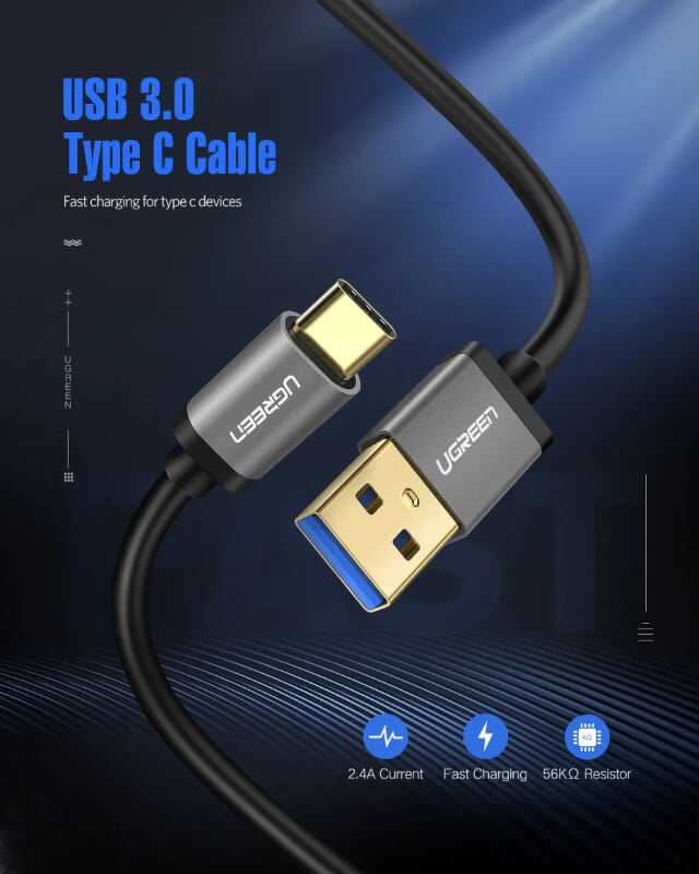 Ugreen 30531 0.25M màu Đen Cáp dữ liệu USB Type-C sang USB 3.0 truyền dữ liệu từ máy tính ra điện thoại US187