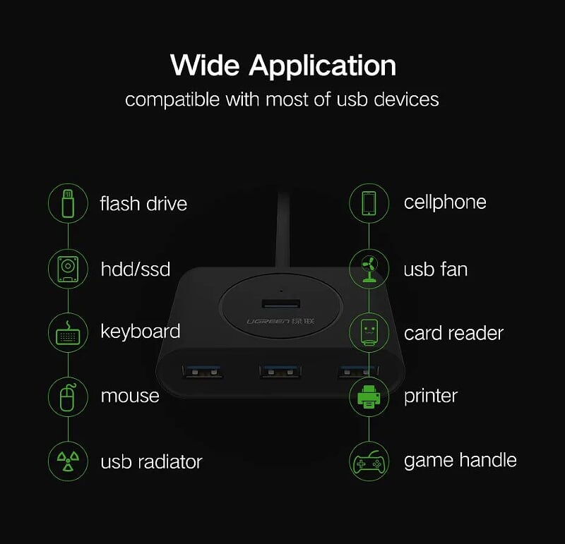 Ugreen 50263 25CM Màu Đen USB 3.0 Hub 4 Port With Power Port CR113