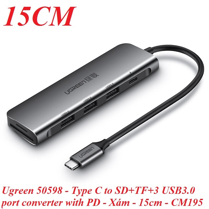 Ugreen 50598 15CM màu Xám Bộ chuyển đổi TYPE C sang 2 USB 3.0 + TF SD + nguồn TYPE C CM195