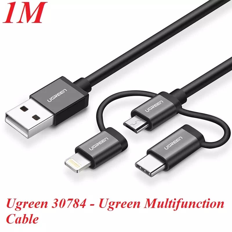 Ugreen 30784 1M màu Đen Cáp sạc đa năng USB sang TypeC + Micro + Lightning US186