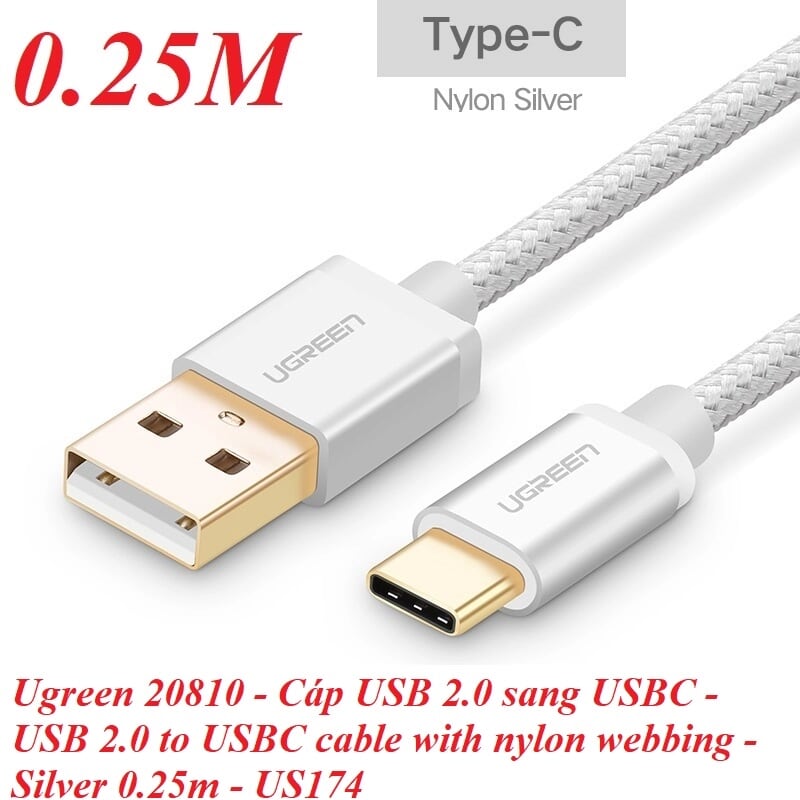 Ugreen 20810 0.25M màu Trắng Dây USB 2.0 sang Type-C đầu nhôm dây bọc vinyl US174