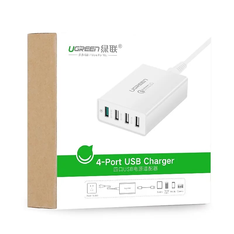 Ugreen 30926 1.5M Màu Trắng Củ sạc 4 cổng tích hợp 1 cổng sạc nhanh QC3.0 + 3 cổng sạc USB 1 cổng 2.4A+2cổng 1A CD102