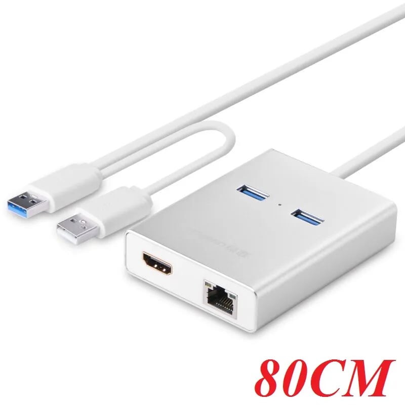 Ugreen 40255 80CM Màu Trắng New Usb 3.0 To Hdmi + 2 Ports Usb 3.0 + Gigabit Lan Port 40255