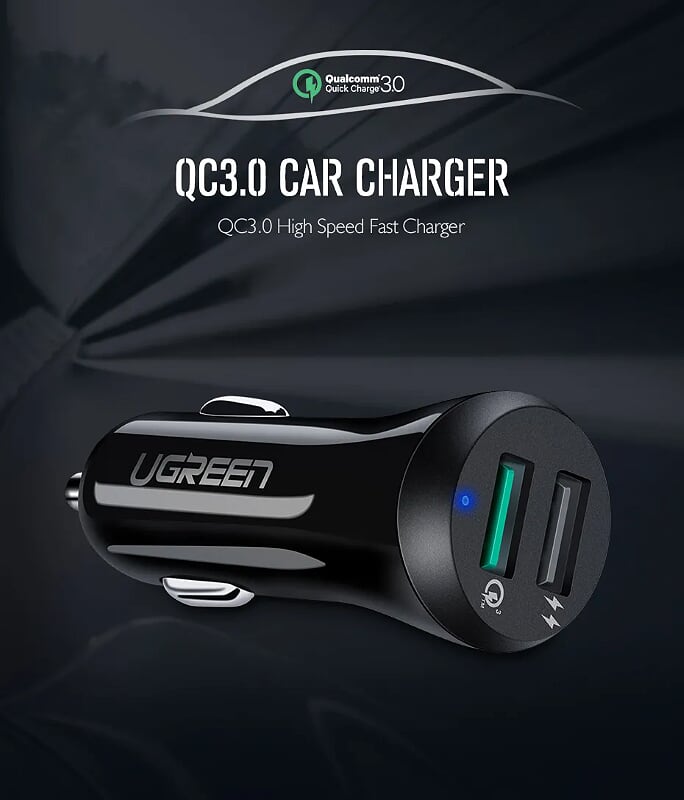 Ugreen 40309 30W qc3.0 Sạc trên ô tô 2 cổng USB hỗ trợ 2.4A + Quick Charge 3.0 màu đen CD114