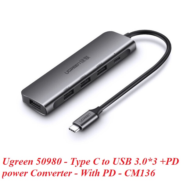 Ugreen 50980 Bộ chuyển đổi TYPE C sang 4 USB 3.0 + hỗ trợ nguồn TYPE C CM136