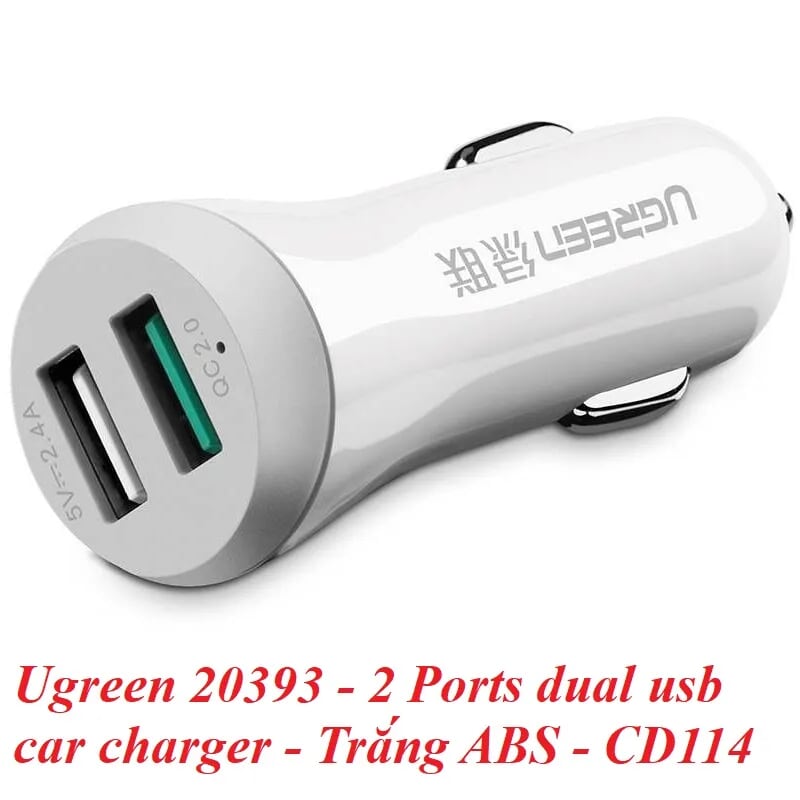 Ugreen 20393 màu Trắng Bộ sạc ô tô 2 cổng USB nhựa ABS chống cháy CD114