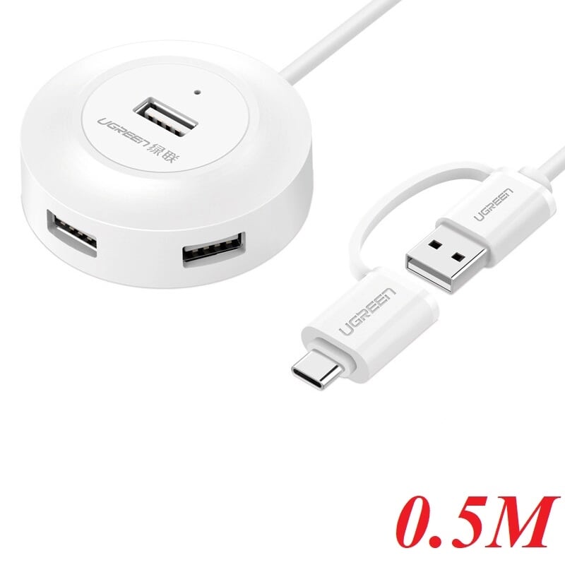 Ugreen 40961 0.5M Màu Trắng Bộ chuyển đổi TYPE C sang 4 USB 2.0 + nguồn MICRO USB hỗ trợ OTG TYPE C CR106