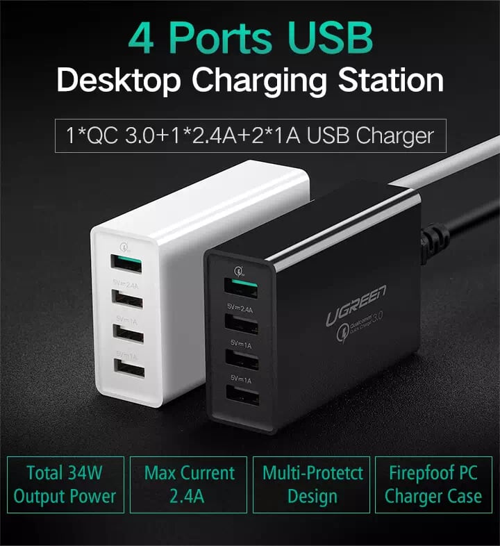 Ugreen 30561 1.5M Màu Trắng Củ sạc 3.0 Quick Charge 4 cổng usb CD102