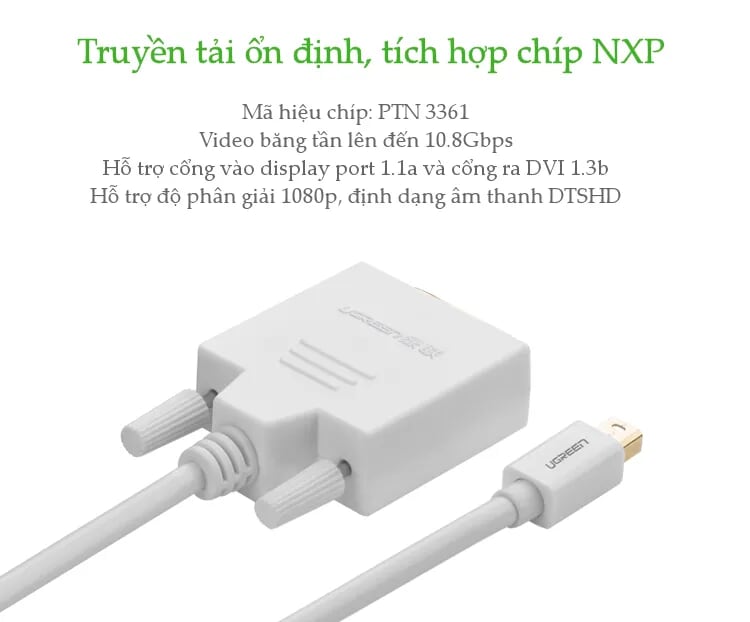 Ugreen 10443 1.5M Màu Trắng Cáp chuyển đổi Mini DP sang DVI 24+1 hỗ trợ phân giải 1080P MD102