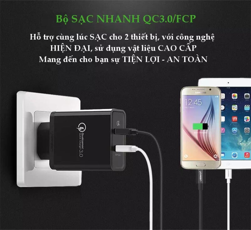 Ugreen 40712 30W màu Đen Củ sạc nhanh 2 cổng USB chuẩn QC 3.0 + 2.4A CD132