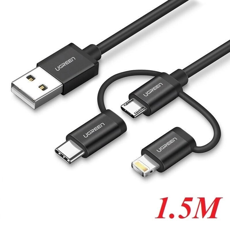 Ugreen 50206 1.5 M Màu Đen Cáp sạc đa năng USB sang TypeC + Micro + Lightning có Chip MFI US186