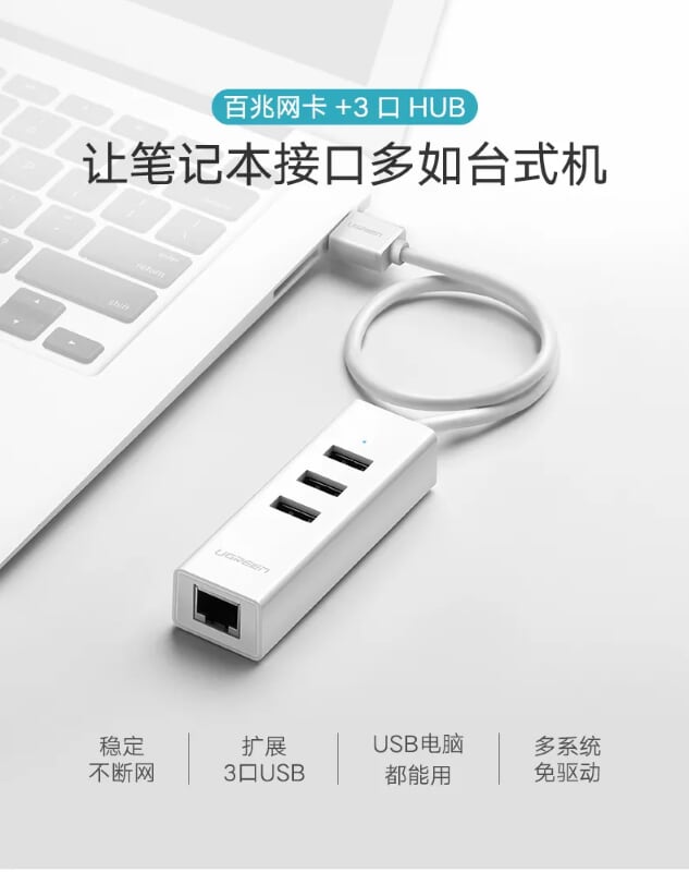 Ugreen 30299 30CM màu Trắng HUB chuyển đổi USB 2.0 sang 3 USB 2.0 + LAN hổ trợ 100Mbps CR129