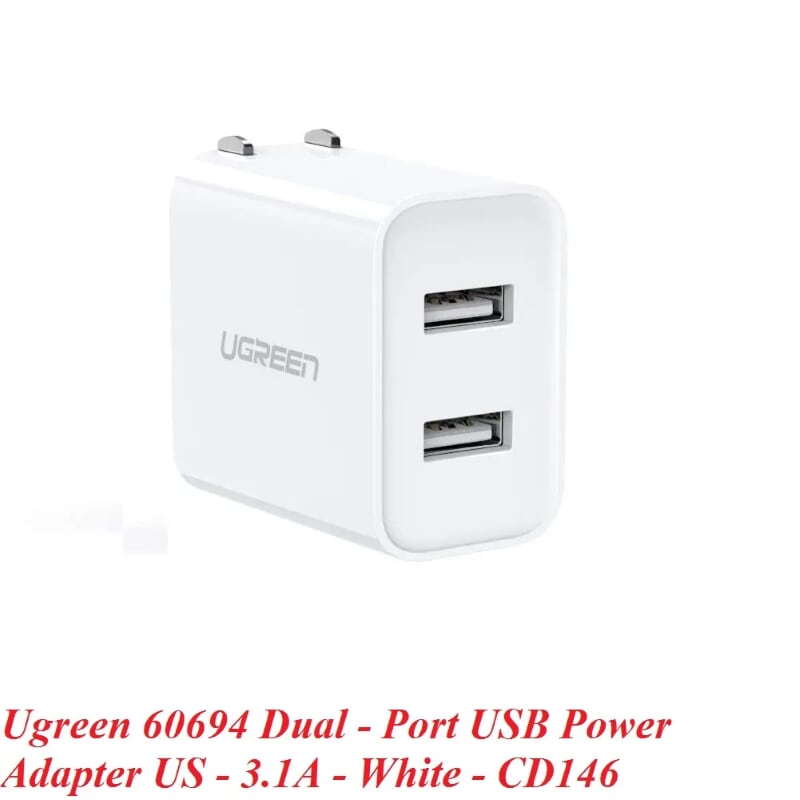 Ugreen 60494 5v 3.1A sạc đôi 2 cổng usb màu trắng chuẩn US xếp được CD146