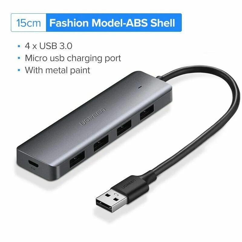 Ugreen 50985 15CM Màu đen Bộ chia USB 3.0 ra 4 cổng hỗ trợ nguồn phụ Micro USB CR219