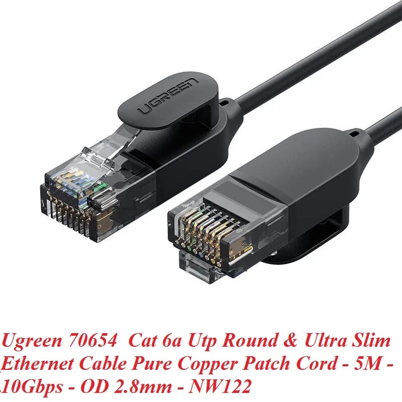 Ugreen 70654 5M cat6a 10Gbps 500MHz OD2.8mm Utp cáp mạng siêu mỏng thuần đồng màu đen NW122