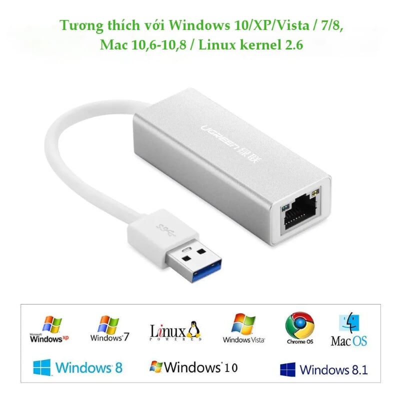 Ugreen 20258 15CM màu Bạc Cáp chuyển đổi USB 3.0 sang cổng LAN RJ45 tốc độ 1000Mbps vỏ nhôm 20258