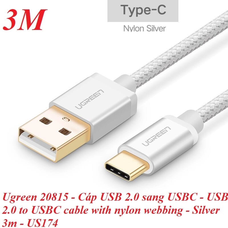 Ugreen 20815 3M màu Trắng Dây USB 2.0 sang Type-C đầu nhôm dây bọc vinyl US174