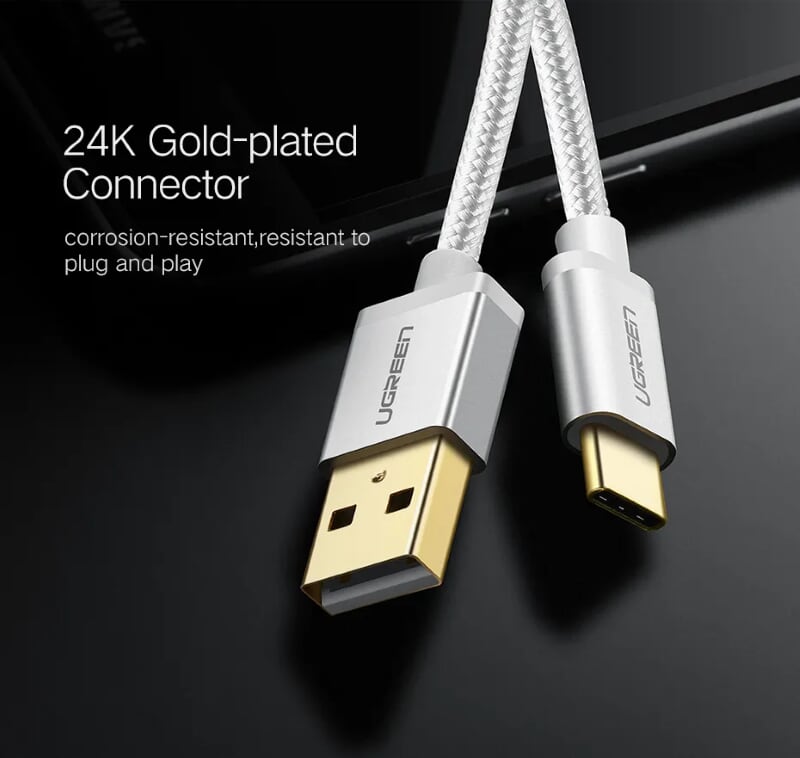 Ugreen 20810 0.25M màu Trắng Dây USB 2.0 sang Type-C đầu nhôm dây bọc vinyl US174