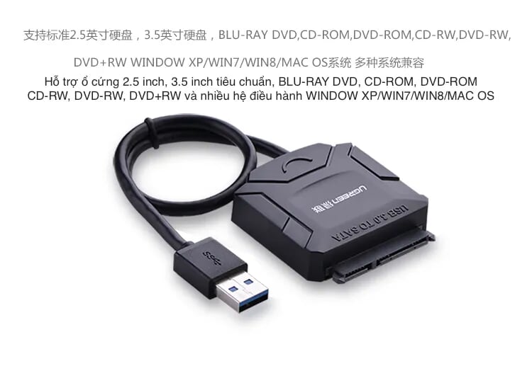 Ugreen 20231 25CM màu Đen Bộ chuyển đổi USB 3.0 sang SATA ổ cứng hỗ trợ nguồn CR108