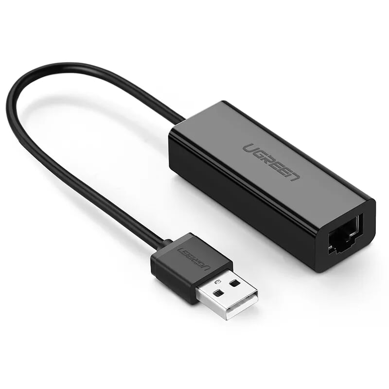 Ugreen 30296 15CM màu Đen Cáp chuyển đổi USB 2.0 sang cổng LAN RJ45 tốc độ 100Mbps vỏ nhựa CR128