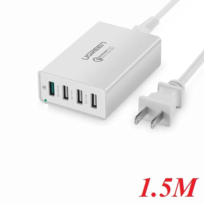 Ugreen 30926 1.5M Màu Trắng Củ sạc 4 cổng tích hợp 1 cổng sạc nhanh QC3.0 + 3 cổng sạc USB 1 cổng 2.4A+2cổng 1A CD102