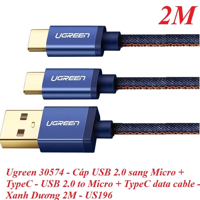 Ugreen 30574 2M màu xanh Cáp USB-A 2.0 sang Micro USB + USB-C US196