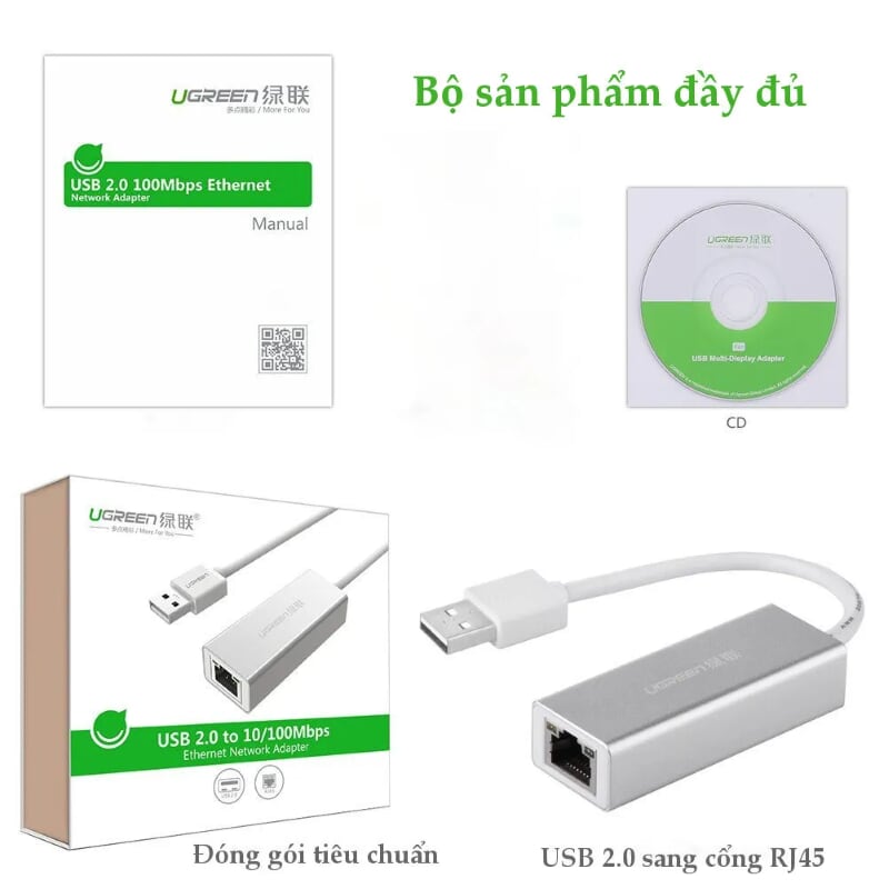 Ugreen 20257 15CM màu Bạc Cáp chuyển đổi USB 2.0 sang cổng LAN RJ45 tốc độ 100Mbps vỏ nhôm 20257