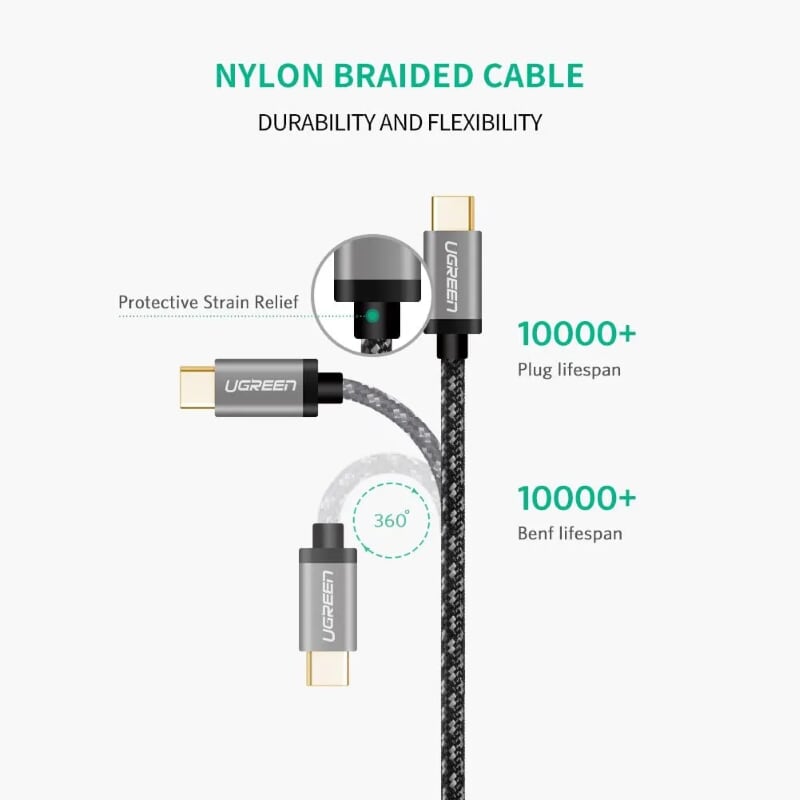 Ugreen 50542 2M màu đen cáp USB Type C 3.0 sạc nhanh và truyền dữ liệu dây dù US187