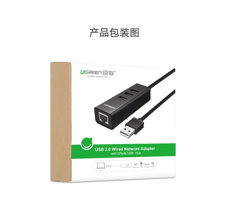 Ugreen 30298 30CM màu Đen HUB chuyển đổi USB 2.0 sang 3 USB 2.0 + LAN tốc độ 100Mbps CR129