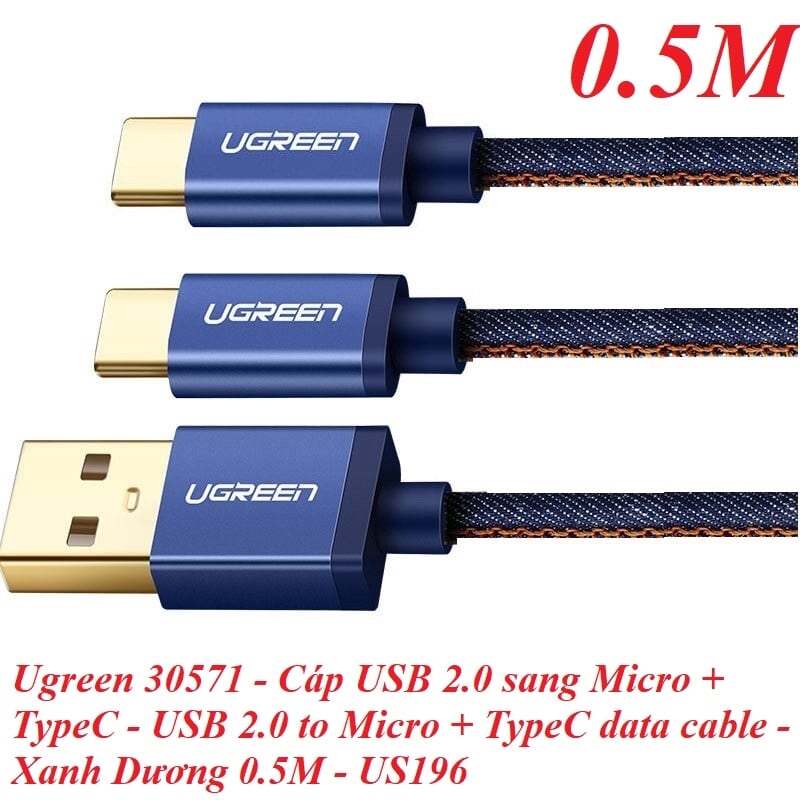 Ugreen 30571 0.5m màu xanh Cáp USB-A 2.0 sang Micro USB + USB-C US196