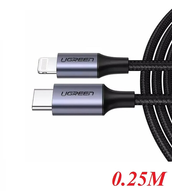 Ugreen 60758 0.5m cáp usb type c ra lightning bọc nhôm chống nhiễu 0.5m màu đen US304