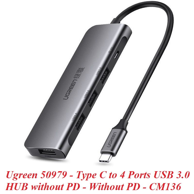 Ugreen 50979 Bộ chuyển đổi TYPE C sang 4 USB 3.0 + hỗ trợ nguồn MICRO USB CM136