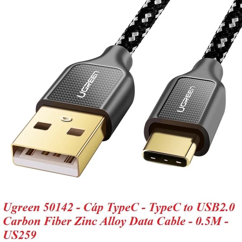 Ugreen 50142 0.5M màu Đen Cáp sạc truyền dữ liệu USB 2.0 sang TYPE C vỏ bọc lưới đầu mạ vàng US259