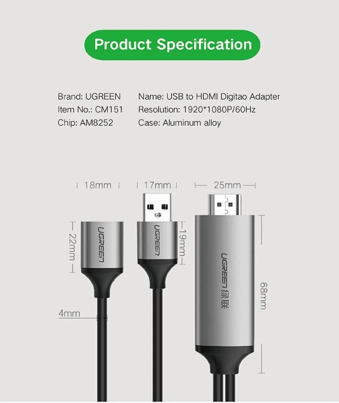 Ugreen 50291 1.5M màu Xám Cáp chuyển đổi USB 2.0 sang HDMI hỗ trợ phân giải FULL HD cao cấp CM151