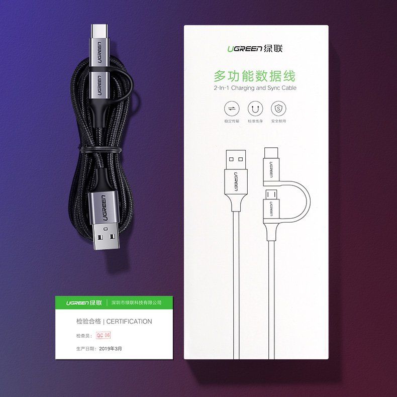 Ugreen 30875 1m cáp USB A ra Micro + Type C màu đen dây bện dù đầu bọc nhôm US177