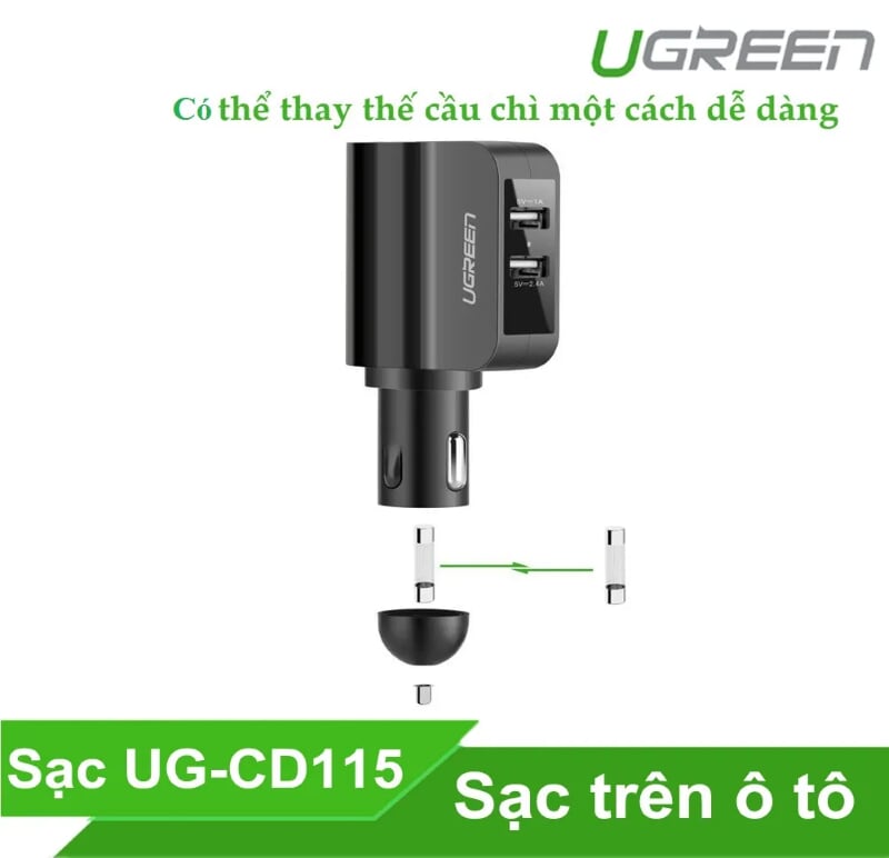 Ugreen 20394 Màu Đen Bộ sạc ô tô 2 cổng USB + 1 Cổng mở rộng 12V CD115