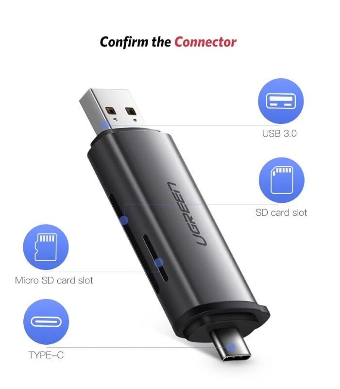 Ugreen 50706 Màu Xám Đầu đọc thẻ nhớ TYPE C + USB 3.0 sang TF + SD CM185