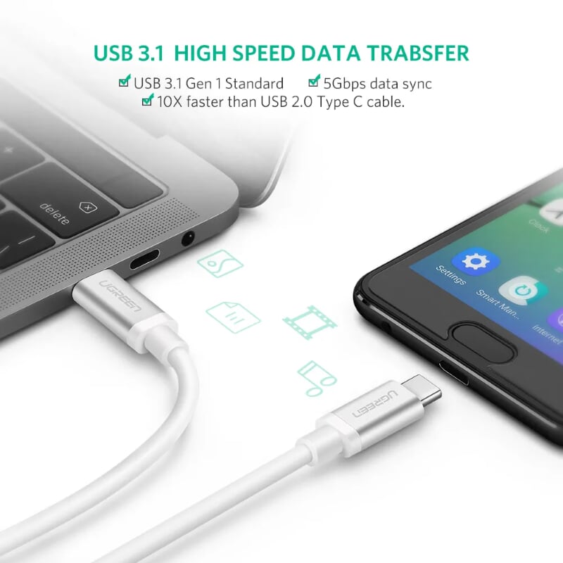 Ugreen 10682 1.5M màu bạc Dây USB Type-C truyền dữ liệu và sạc mạ Nikel đầu nhôm US161