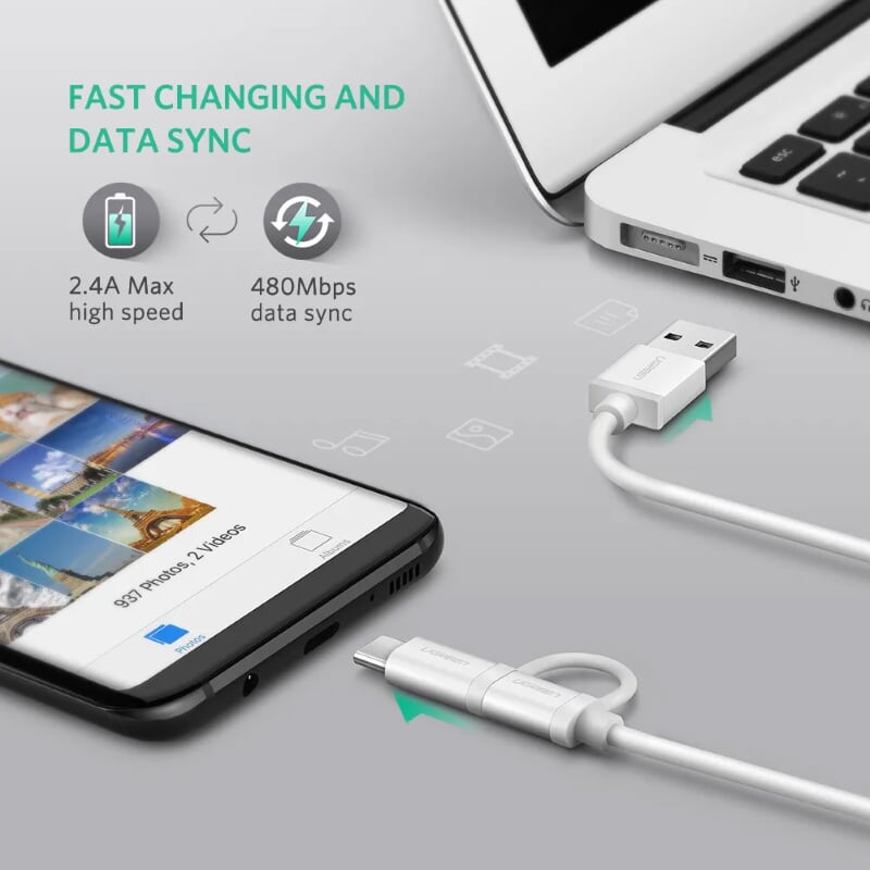 Ugreen 20872 1M màu Bạc Cáp USB-A sang Micro USB + USB-C cao cấp US177