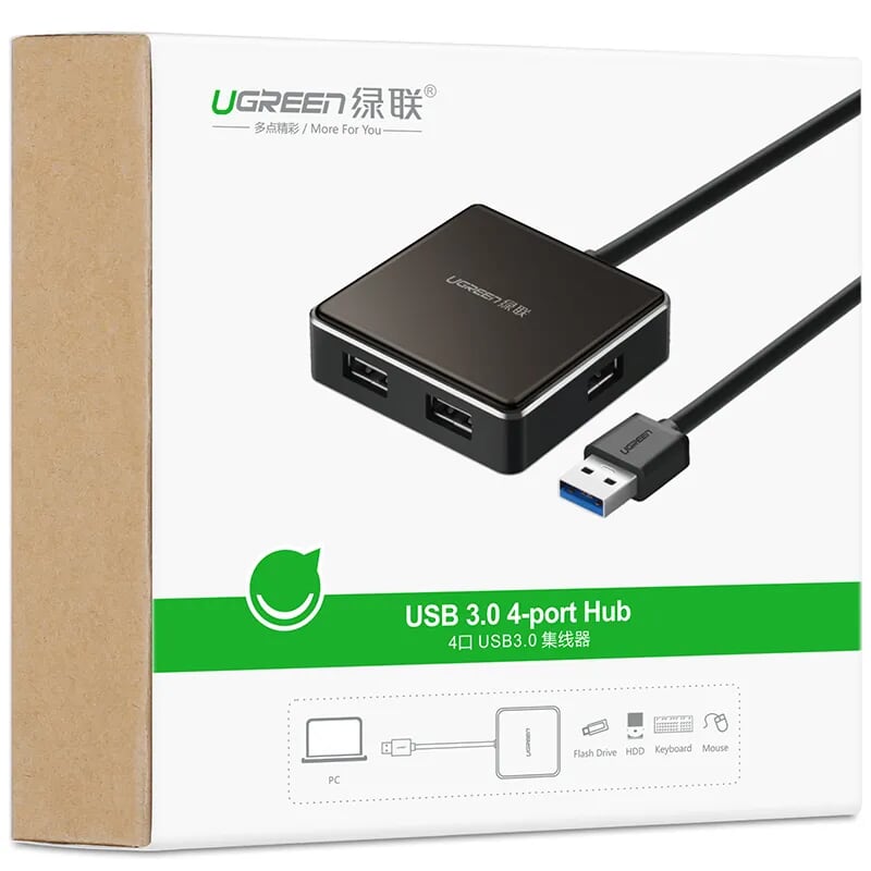 Ugreen 20786 20CM màu Đen Bộ chia HUB USB 3.0 sang 4 USB 3.0 hỗ trợ nguồn 5V US168