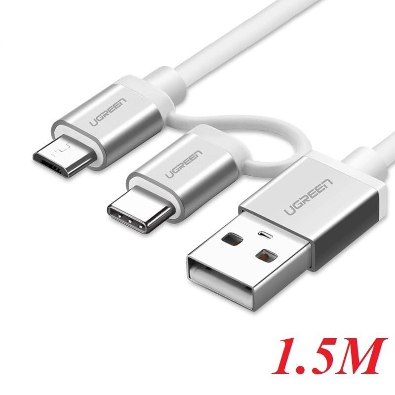 Ugreen 20873 1.5M màu Bạc Cáp USB-A sang Micro USB + USB-C cao cấp US177