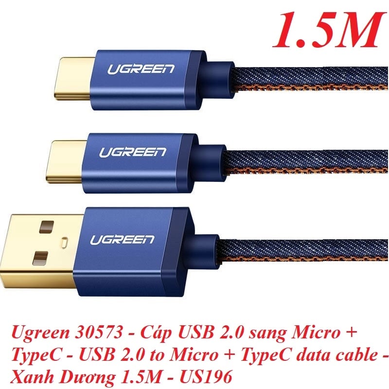 Ugreen 30573 1.5m màu xanh Cáp dữ liệu USB 2trong1 micro+ Type-C truyền dữ liệu từ máy tính ra điện thoại US196